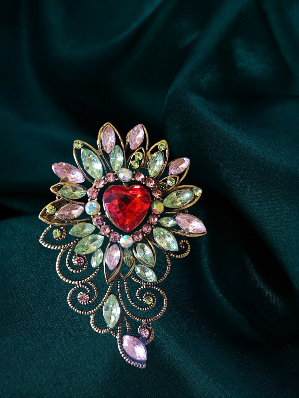 Heart Crystal Floral Brooch